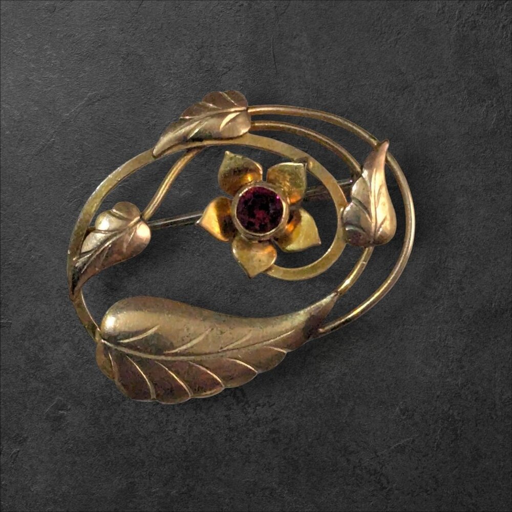 12K Gold-Filled Leaf Floral Brooch V20 With‎ Red Rhinestone Center Vintage Piece